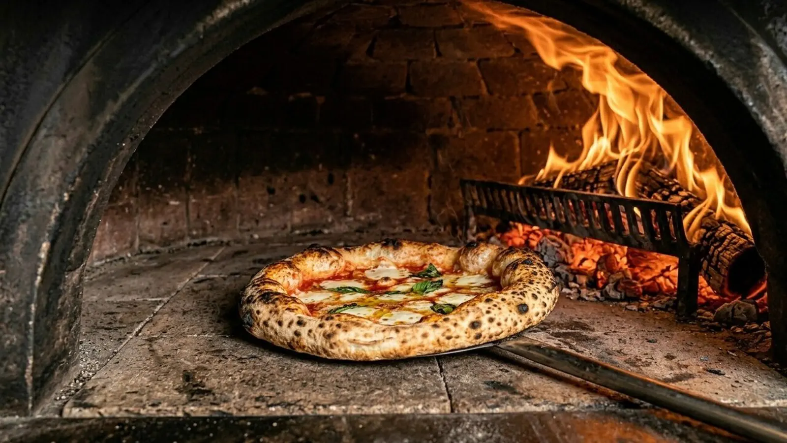 Una pizza che entra nel forno a legna, le fiamme sul fondo